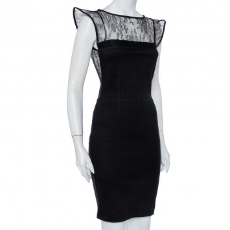 Balancing a feminine silhouette with statement elements, Valentino beautifully delivers a dress that gives a sculpted fit and fashionable end result. The sheath dress is constructed using jersey fabric and complemented with sheer lace on the yoke