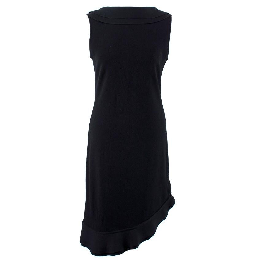 Valentino Black Knit Dress
- High neck sleeveless dress
- Open scoop back
- Ruffle details  
- Asymmetric ruffled hem
- 80% Viscose, 15% Polyester, 5% Polyamide


Approx:
Measurements are taken with the item lying flat, seam to seam.
Length: