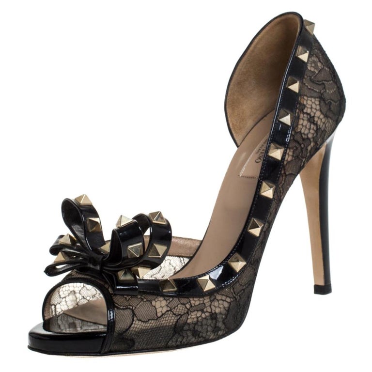 Valentino Black Lace And Patent Leather Rockstud Bow D'orsay Pumps Size ...