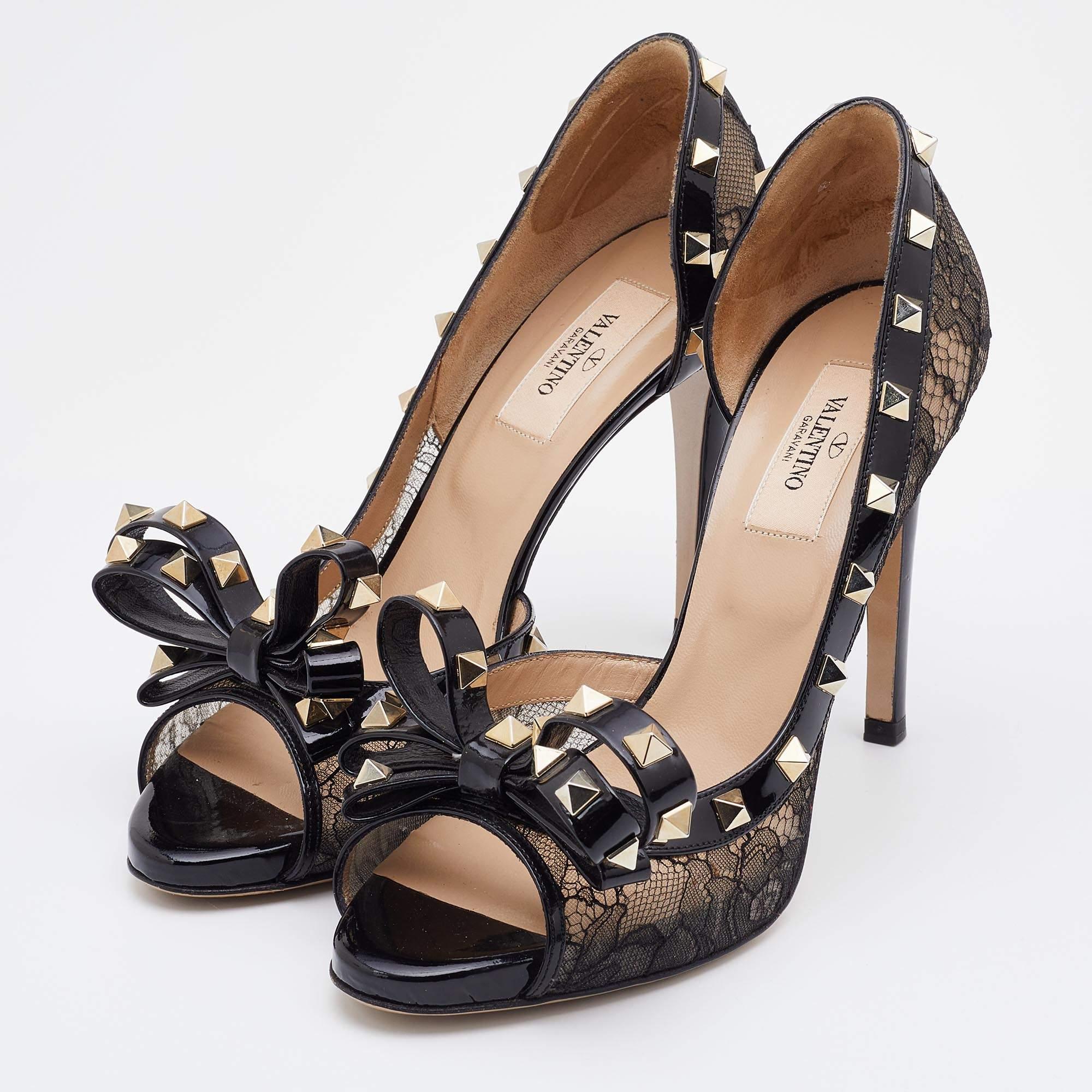 Women's Valentino Black Lace and Patent Leather Studded Bow Peep Toe Pumps Size  38