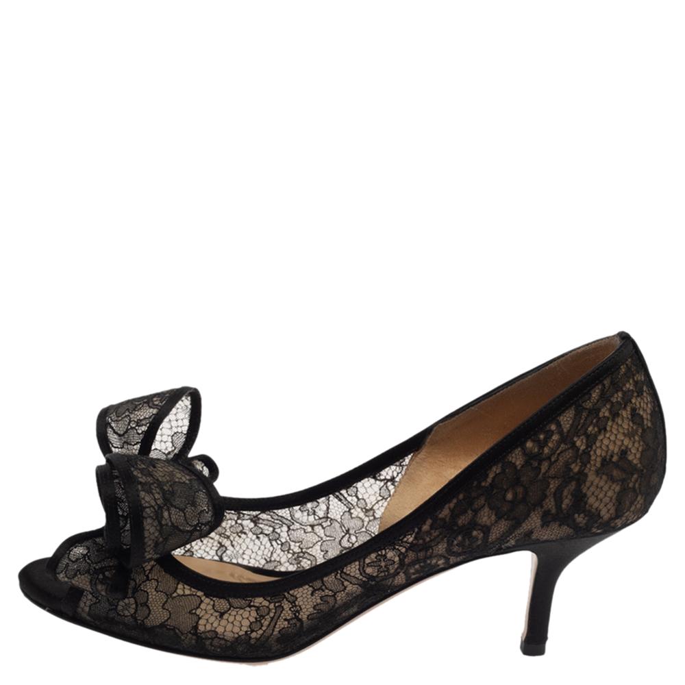 Valentino Black Lace And Satin Bow Peep Toe Pumps Size 37 1