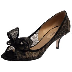 Valentino Black Lace And Satin Bow Peep Toe Pumps Size 37