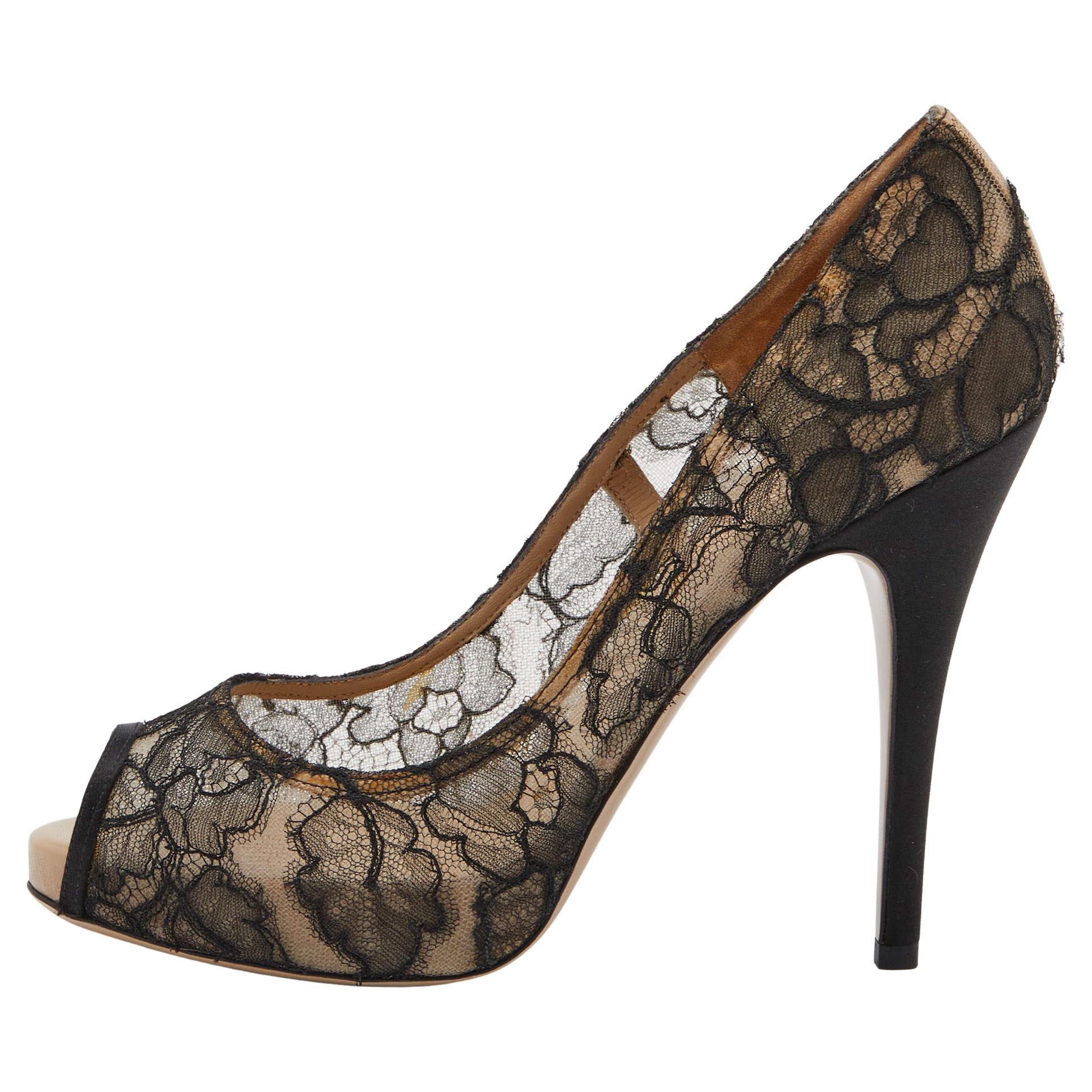 Valentino Black Lace and Satin Peep Toe Pumps 39 For Sale