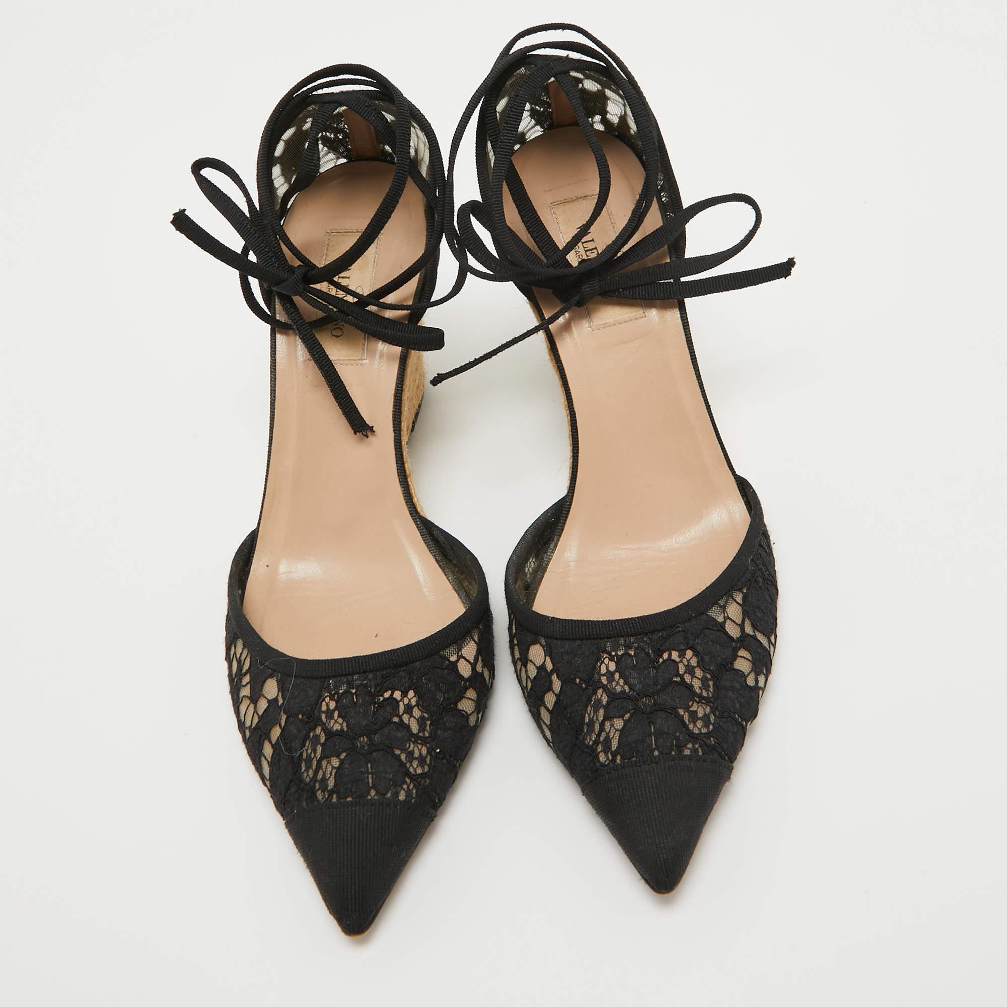 Valentino Black Lace Esparille Wedge Ankle Tie Pumps Size 39 For Sale 4