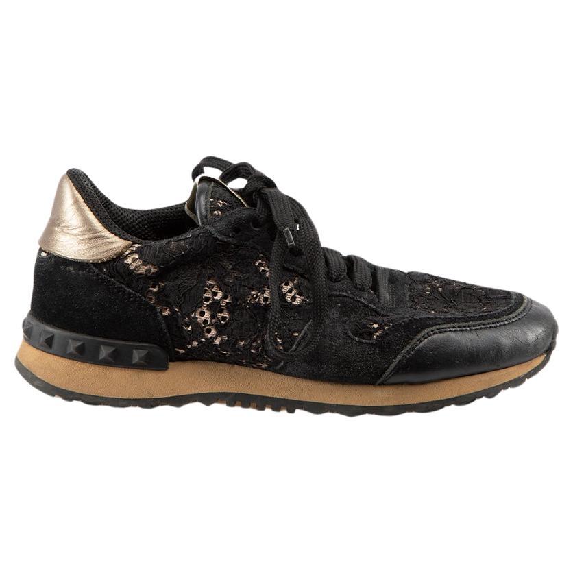 Valentino Black Lace Leather Panel Trainers Size IT 36 For Sale