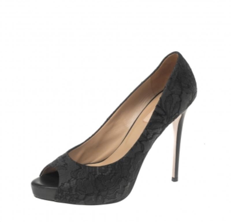 Valentino Black Lace Peep Toe Platform Pumps Size 40 1