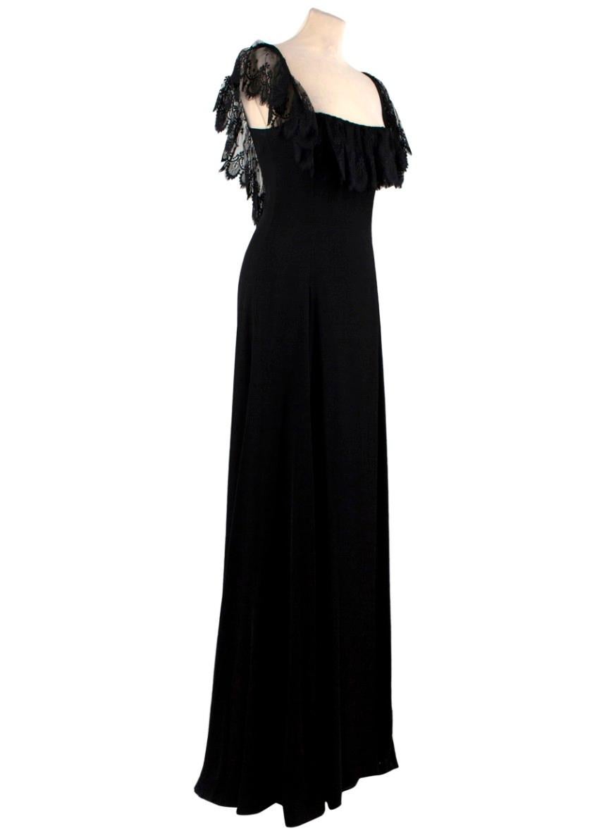 Valentino Black Lace Ribbon Tie Gown

- Squared neckline
- Lace detail around the neckline, sleeves and back
- Large ribbon corset style fastening at the back
- Boned bodice
- Drapes down to the floor
- Beautiful evening gown
- Fully lined in