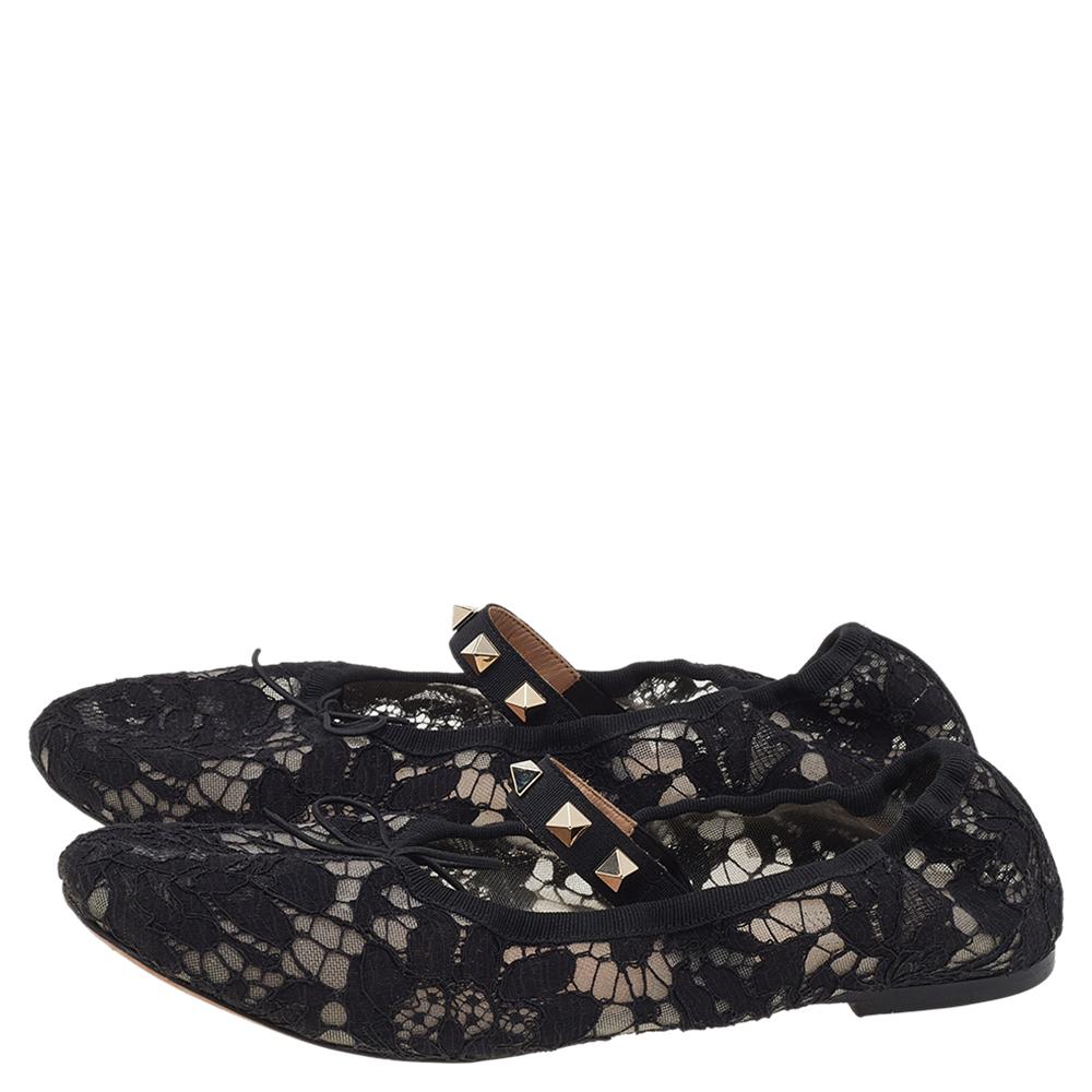 Women's Valentino Black Lace Rockstud Mary Jane Ballet Flats Size 37.5