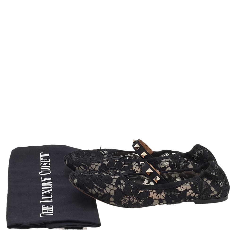 Valentino Black Lace Rockstud Mary Jane Ballet Flats Size 37.5 1