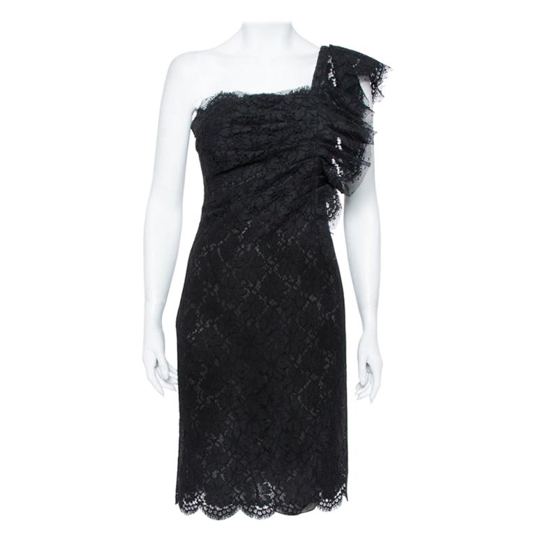 Valentino Black Lace Ruffle One Shoulder Short Dress M For Sale