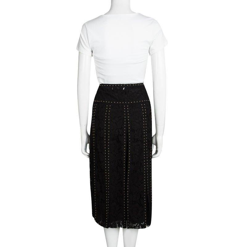 Valentino Black Lace Stud Embellished Paneled Midi Skirt M In Excellent Condition In Dubai, Al Qouz 2