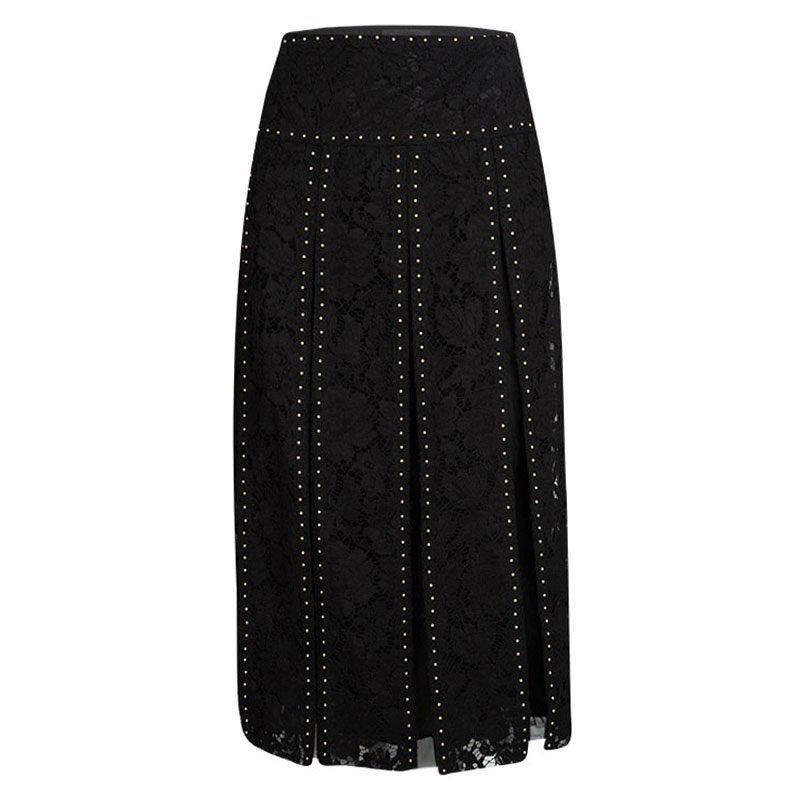 Valentino Black Lace Stud Embellished Paneled Midi Skirt M