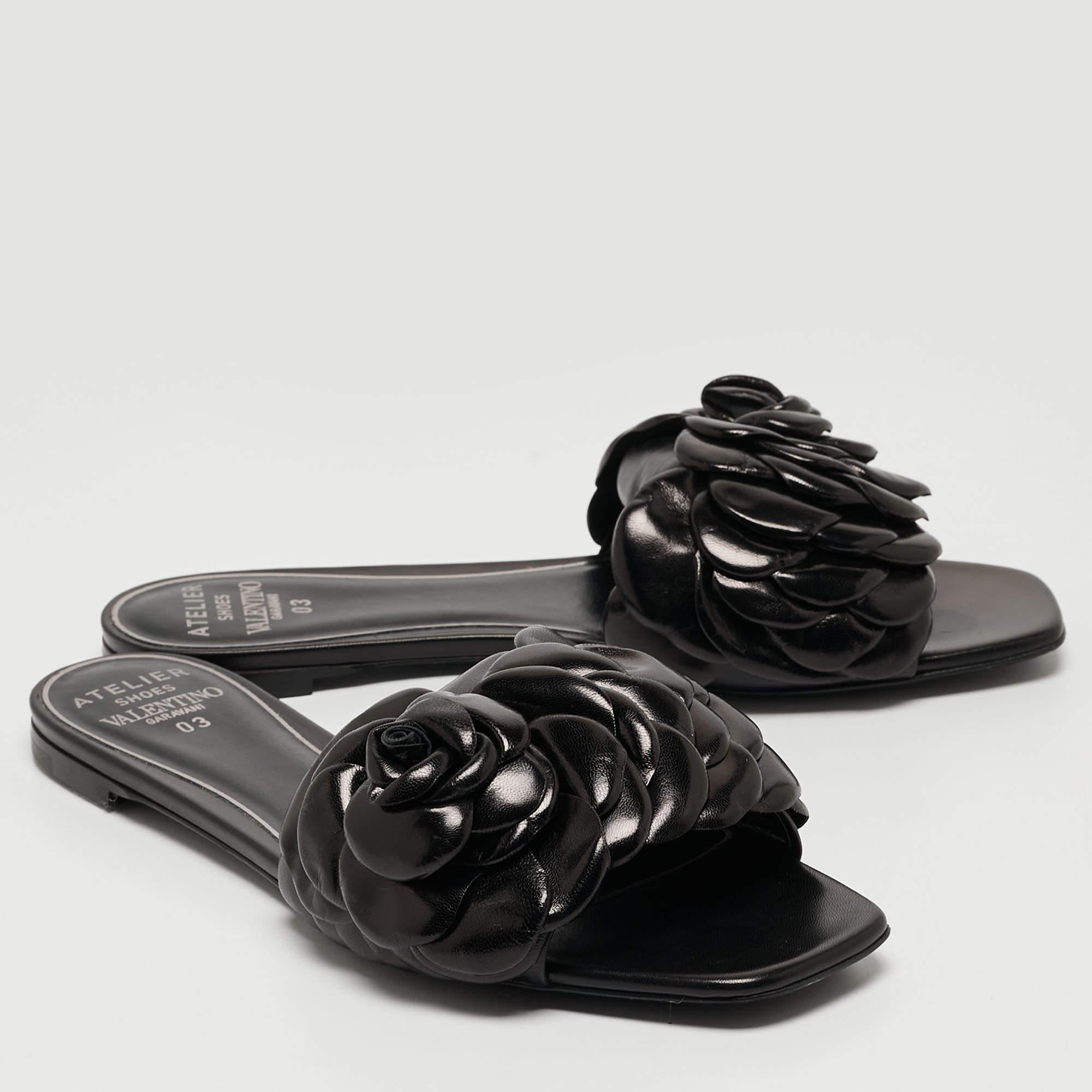 Women's Valentino Black Leather 03 Rose Edition Atelier Flat Slides Size 39
