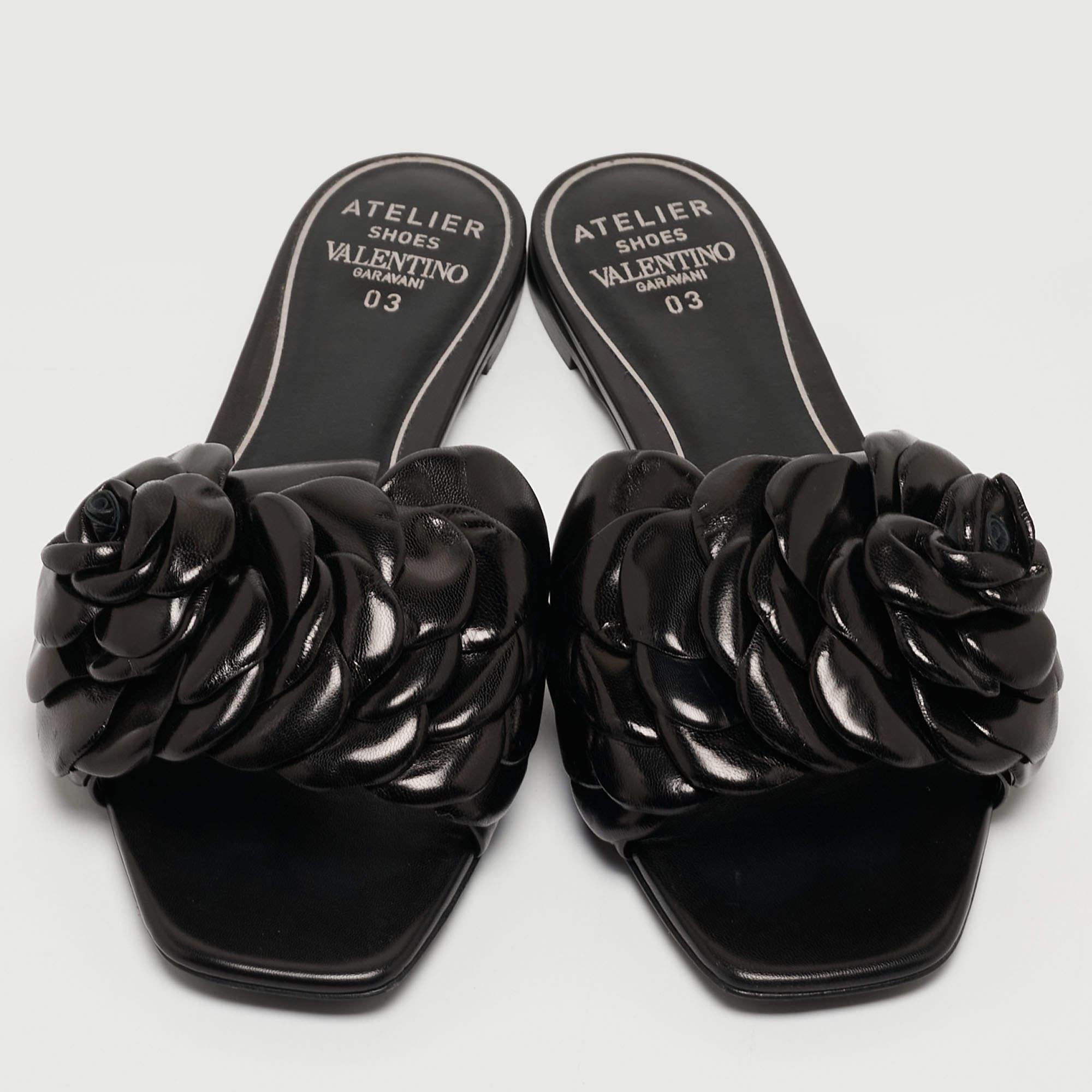 Valentino Black Leather 03 Rose Edition Atelier Flat Slides Size 39 1