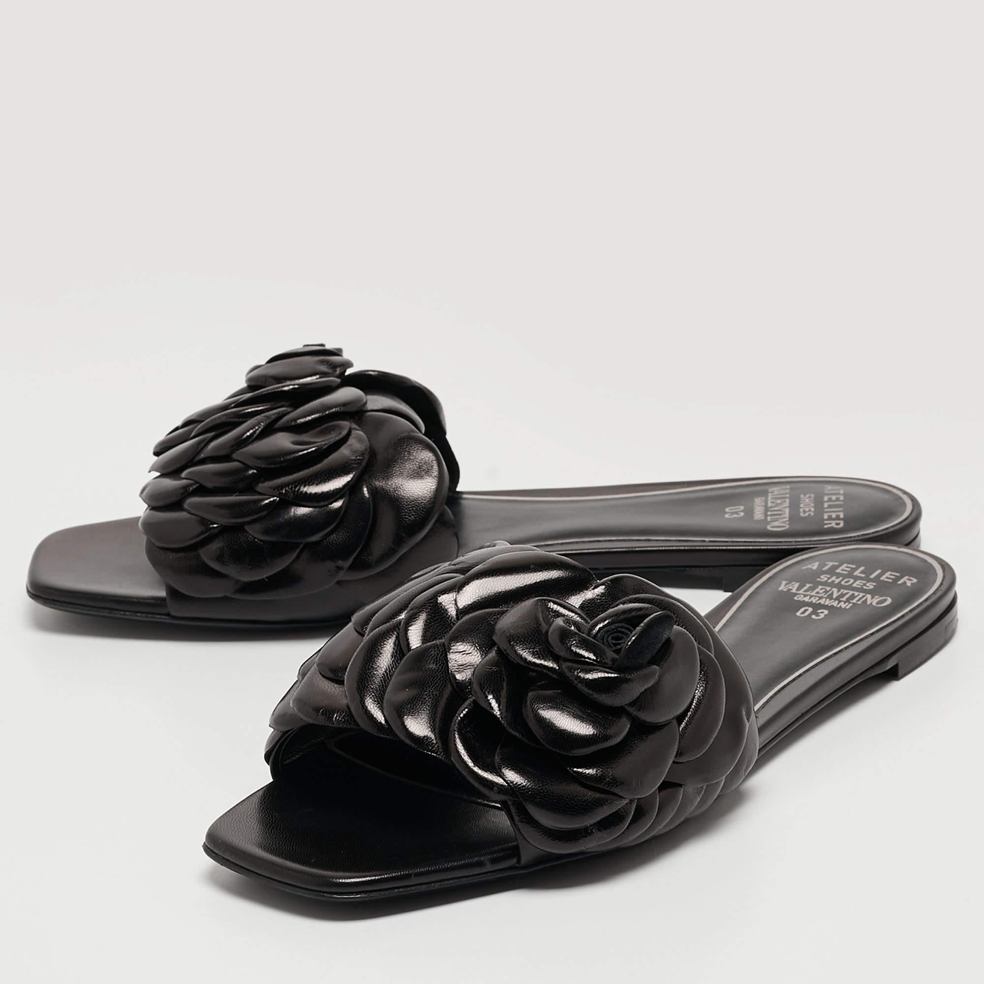 Valentino Black Leather 03 Rose Edition Atelier Flat Slides Size 39 2