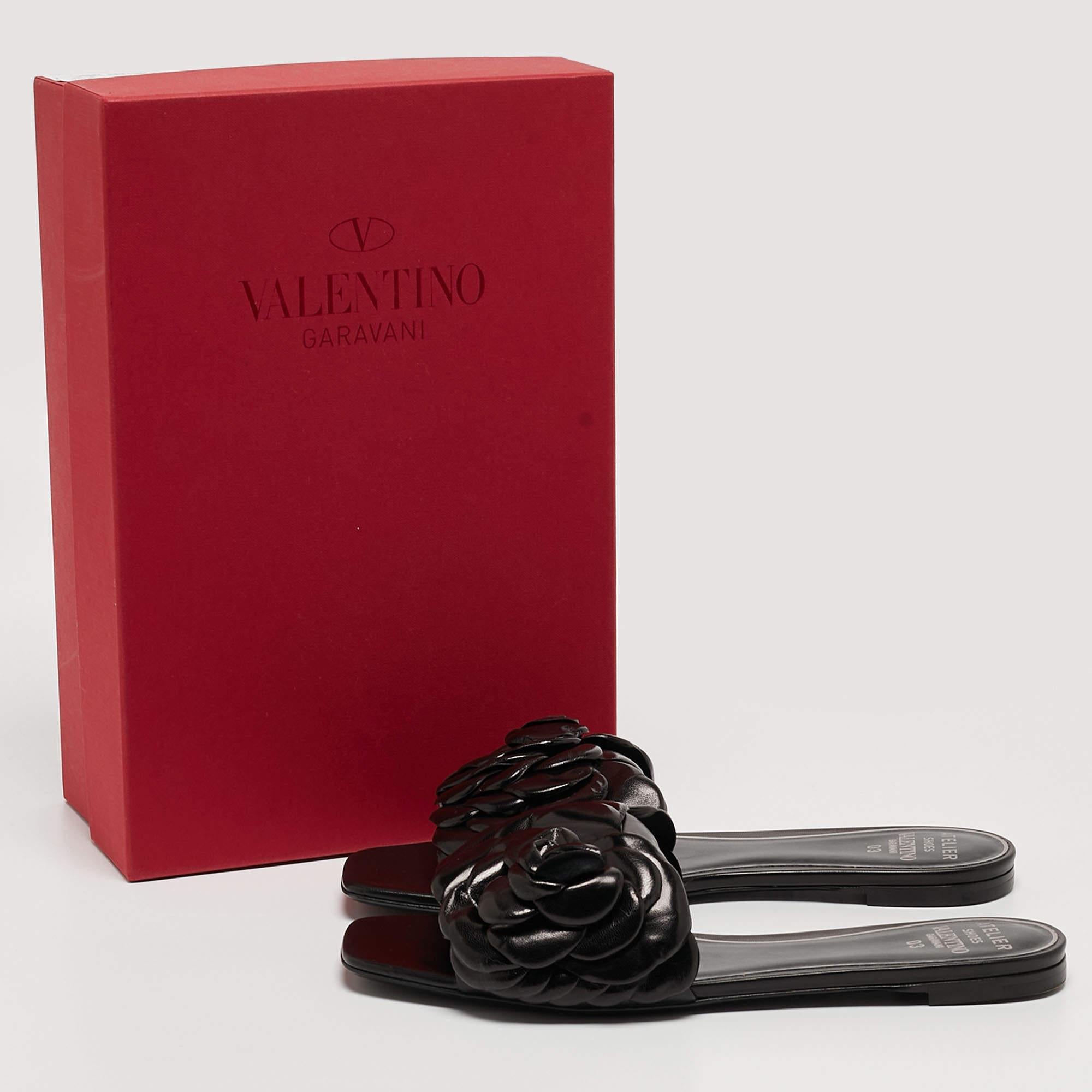 Valentino Black Leather 03 Rose Edition Atelier Flat Slides Size 39 5