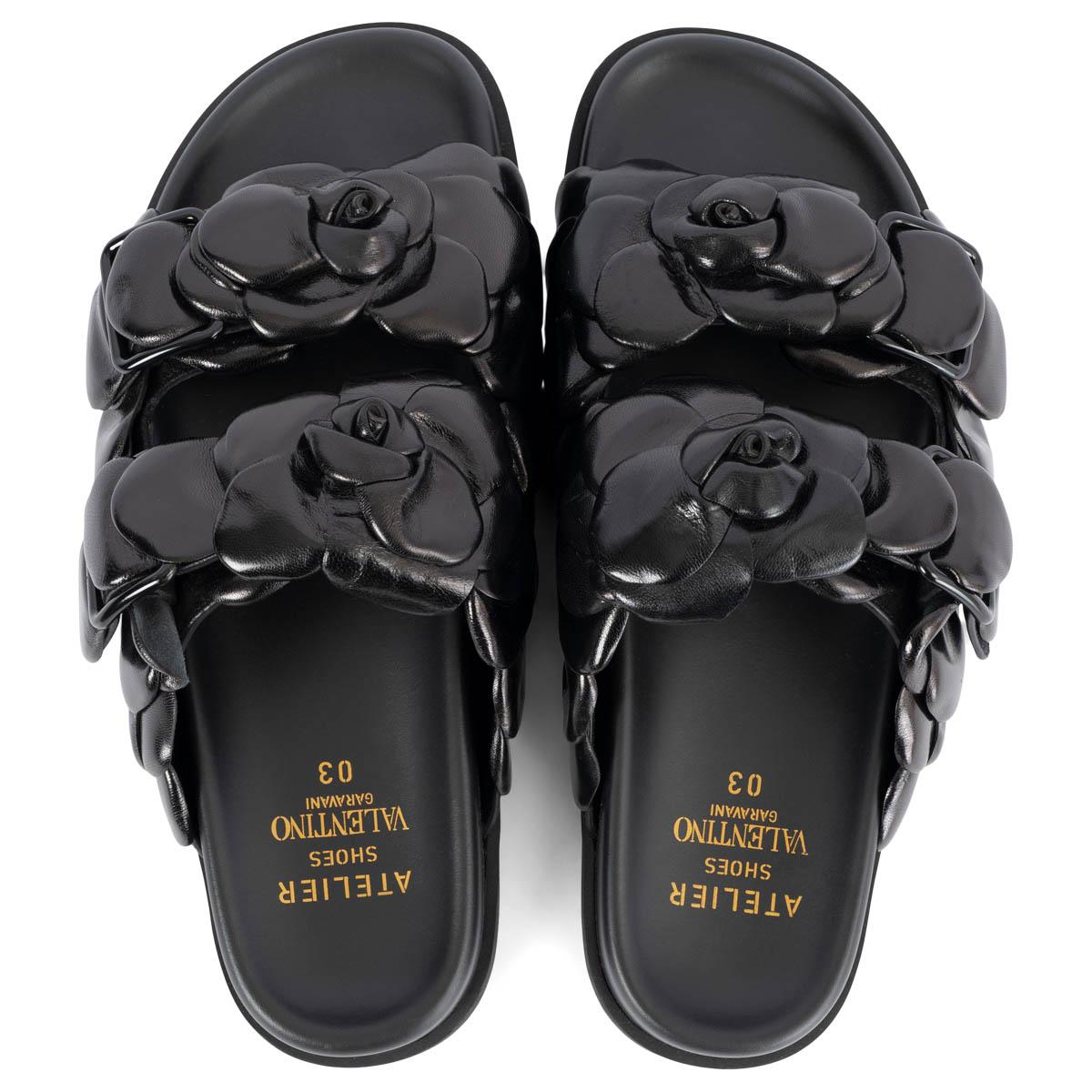 Women's VALENTINO black leather 03 ROSE EDITION ATELIER Slides Sandals Shoes 38.5 For Sale