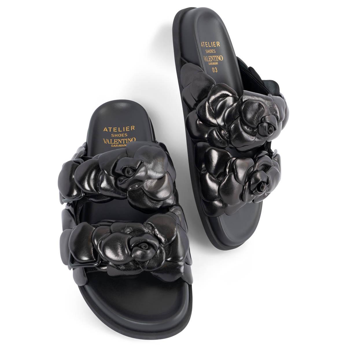 VALENTINO black leather 03 ROSE EDITION ATELIER Slides Sandals Shoes 38.5 For Sale 1
