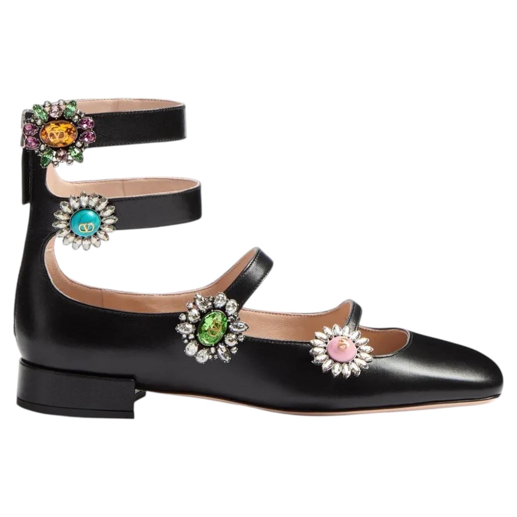 VALENTINO black leather 2025 PRESHOES CRYSTAL Ballet Flats Shoes 38