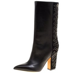 Valentino Black Leather and Beads Embellished Suede Mid Calf Boots Size 40