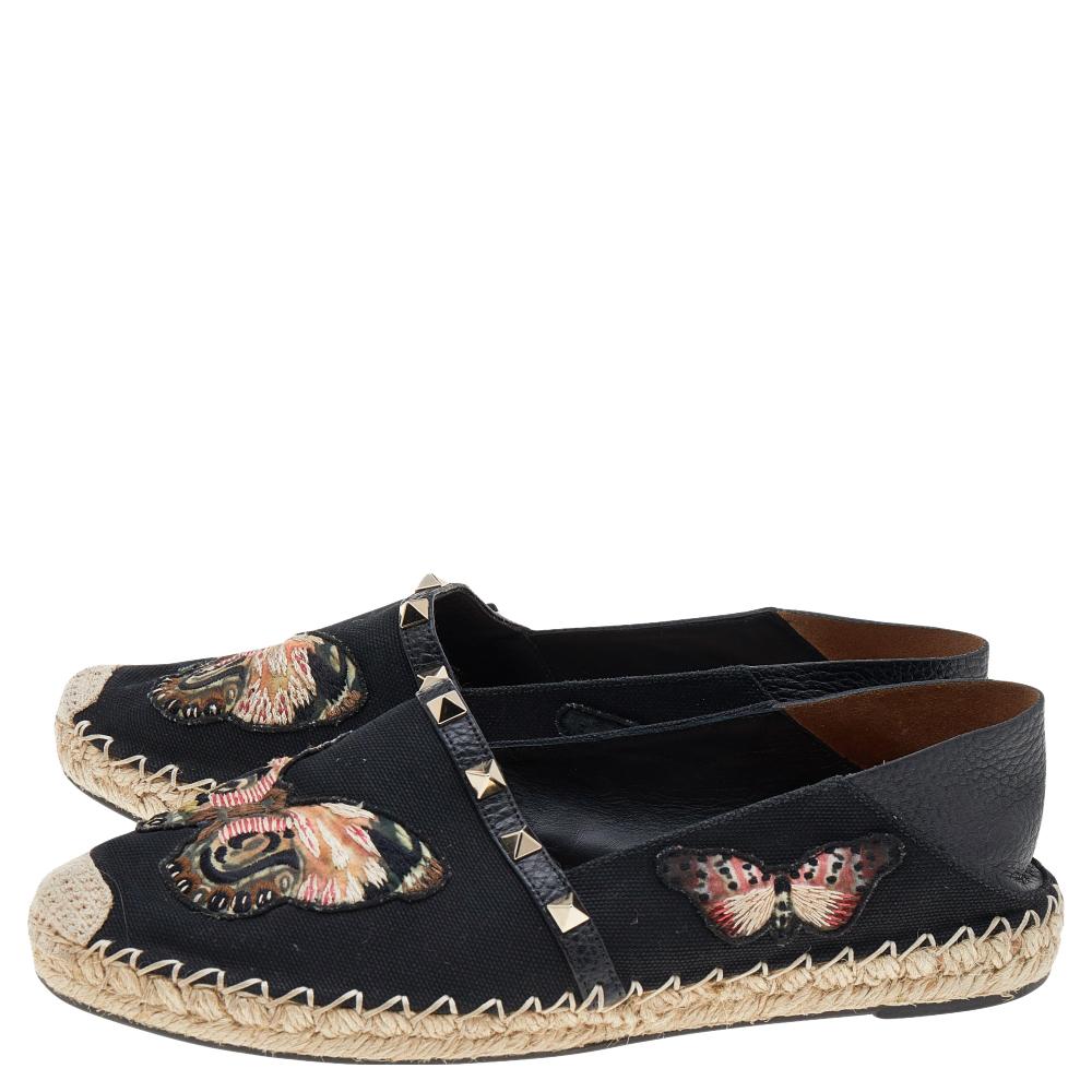 Valentino Black Leather And Canvas Espadrille Flats Size 38 In Good Condition In Dubai, Al Qouz 2