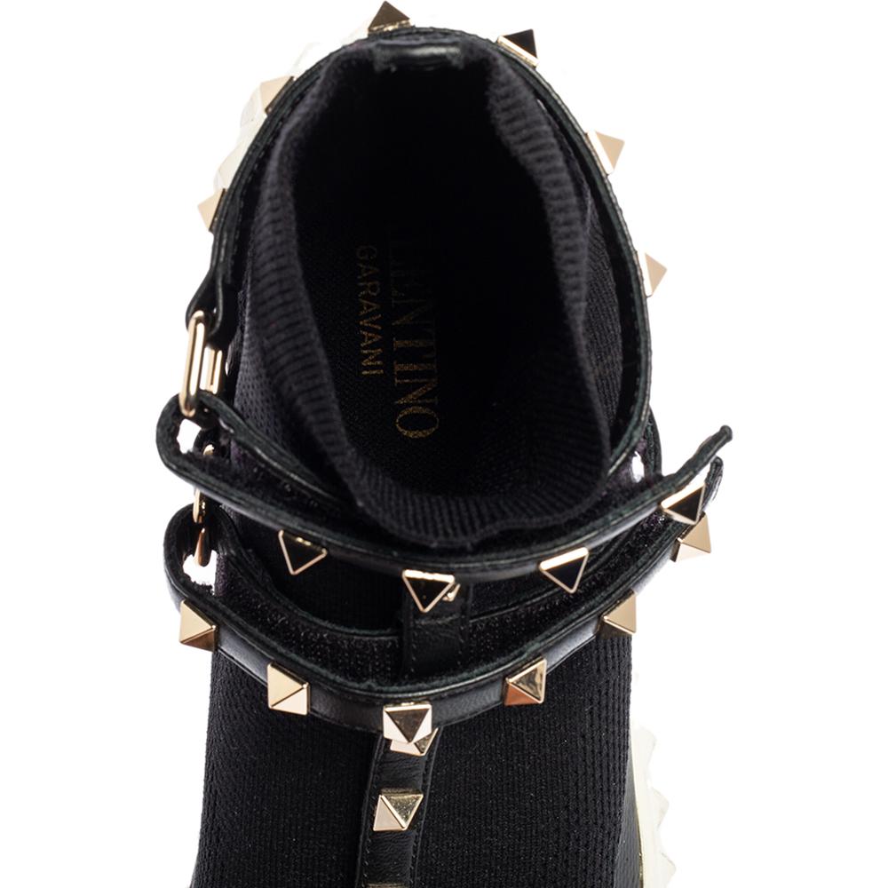 Valentino Black Leather And Knit Fabric Rockstud Sock Sneakers Size 37 In Good Condition In Dubai, Al Qouz 2