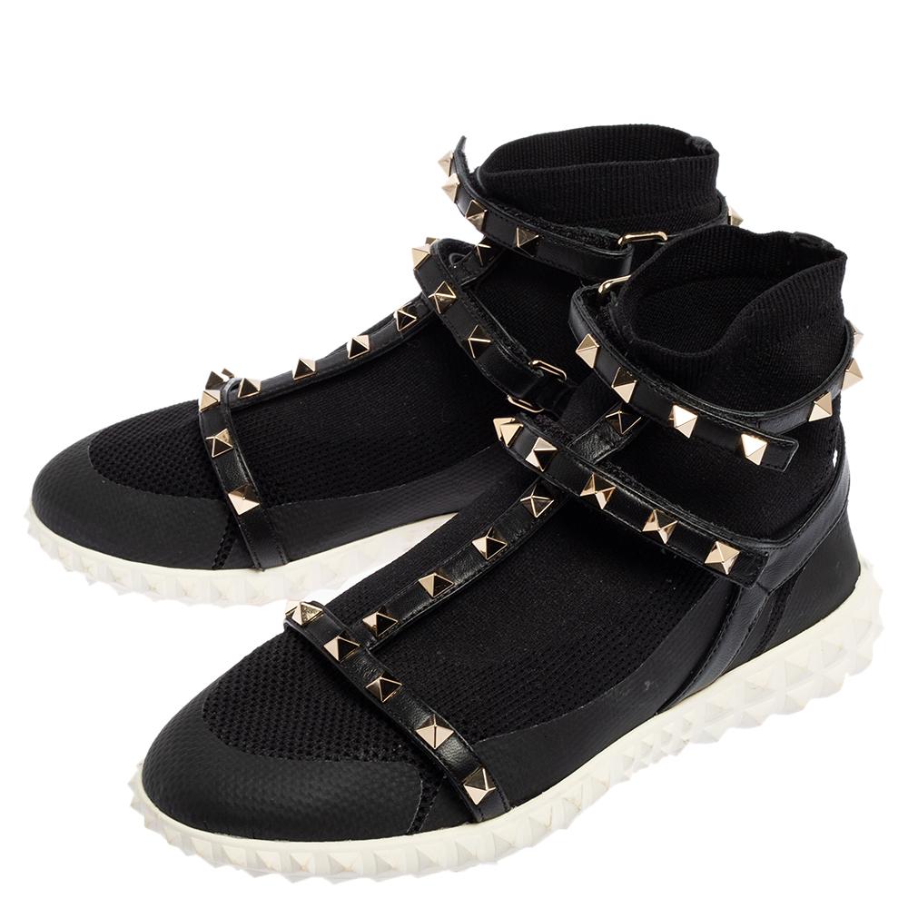 Women's Valentino Black Leather And Knit Fabric Rockstud Sock Sneakers Size 37