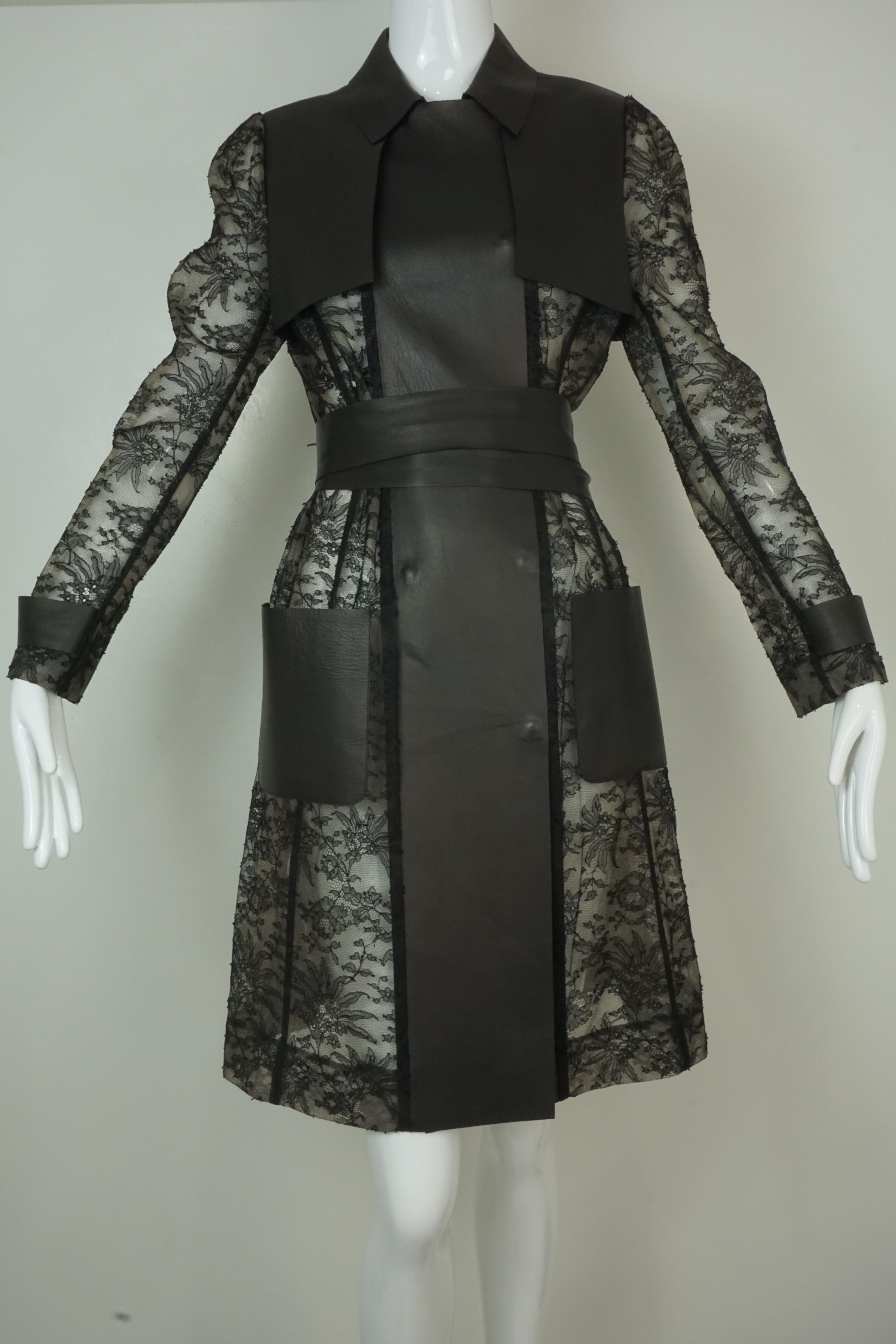 Valentino Black Leather and Lace Trench Coat 2011 In Excellent Condition In Carmel, CA