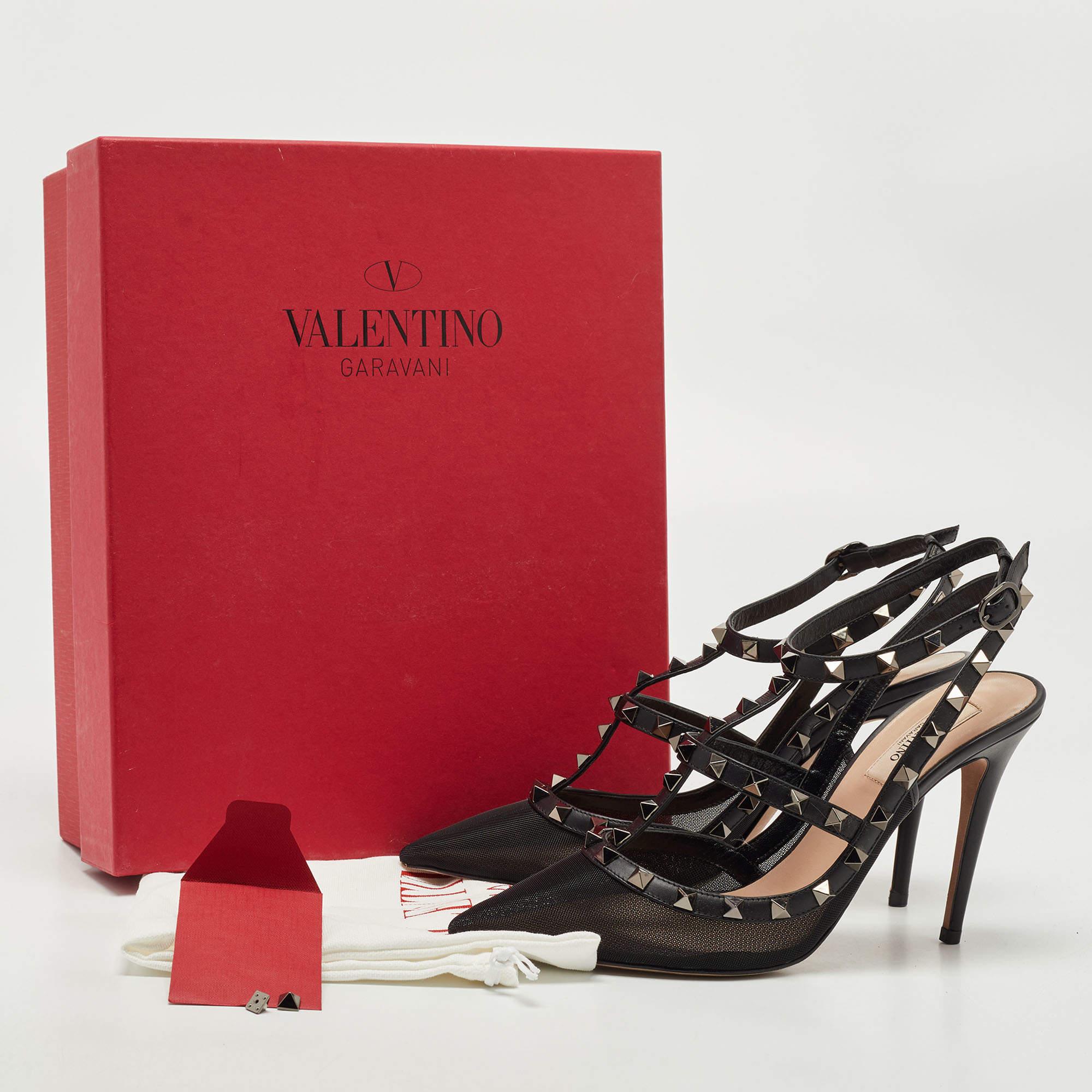 Valentino Black Leather and Mesh Rockstud Strappy Slingback Pumps Size 39 2