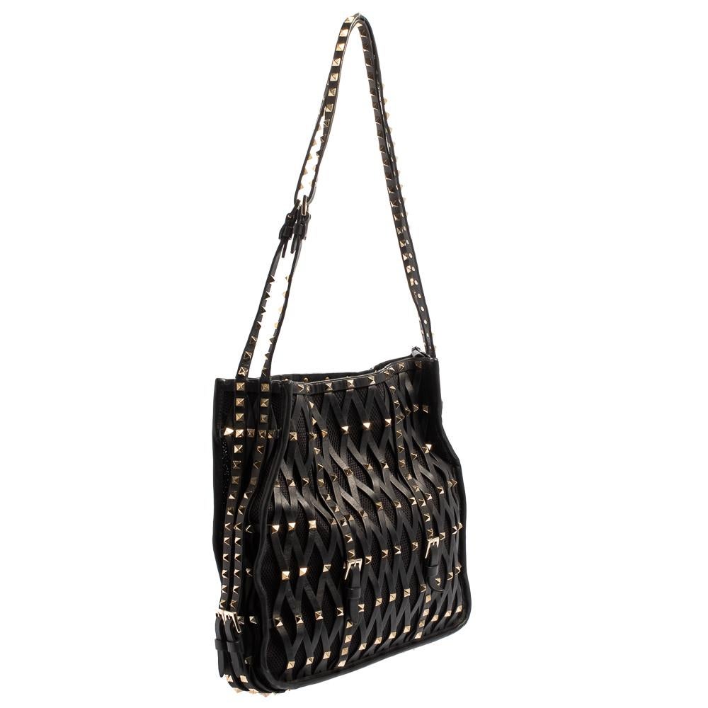 Women's Valentino Black Leather And Mesh Stud Embellished Tote