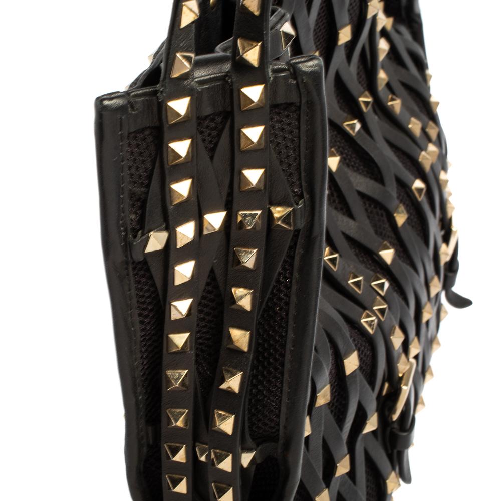 Valentino Black Leather And Mesh Stud Embellished Tote 3