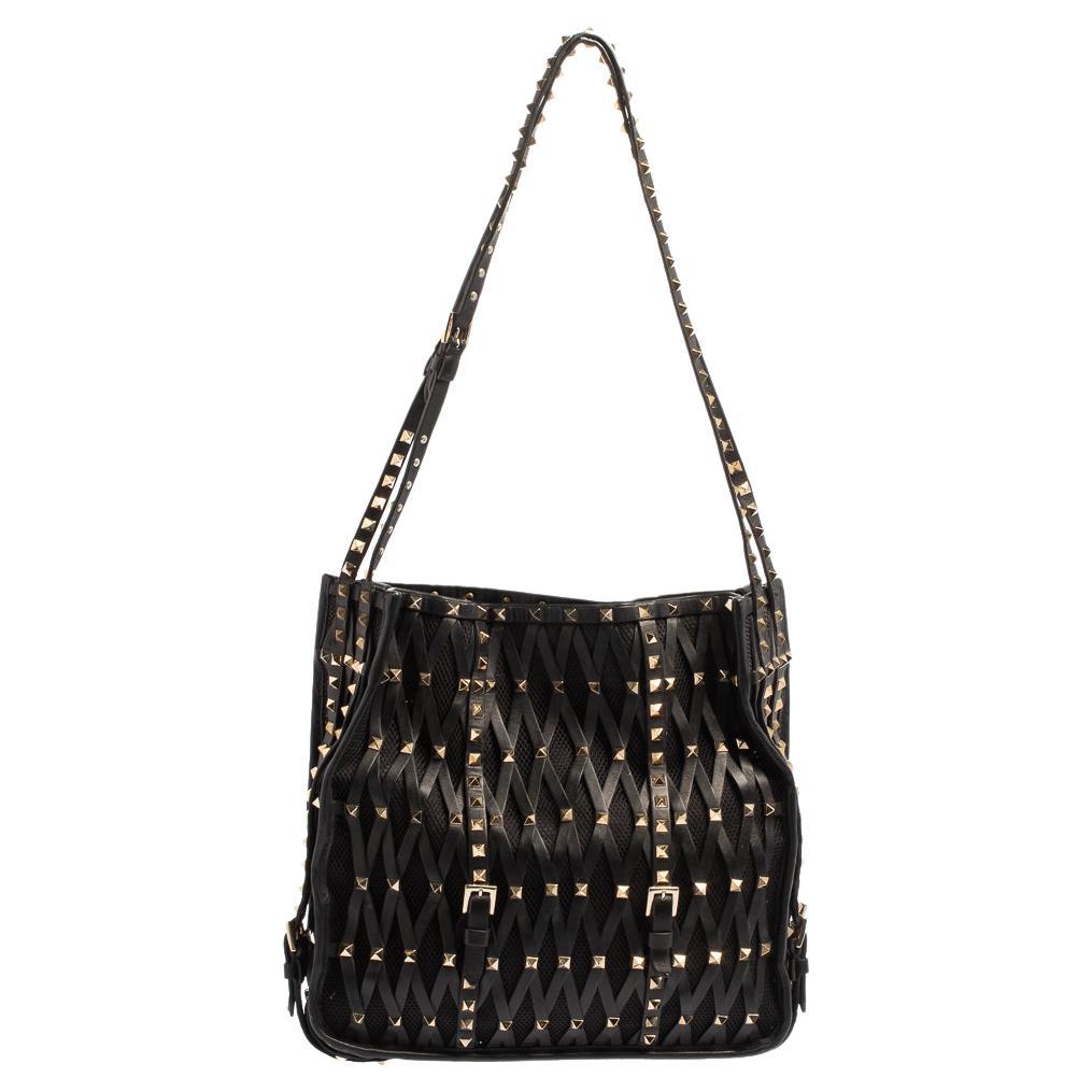 Valentino Black Leather And Mesh Stud Embellished Tote