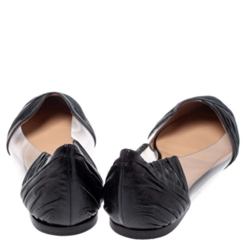 Women's Valentino Black Leather and PVC B Drape Pointed Toe Ballet Flats Size 40.5 For Sale