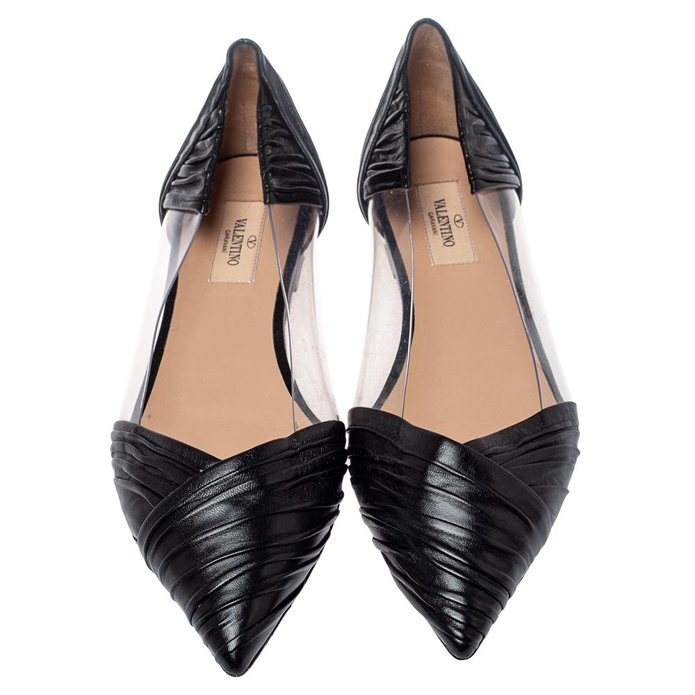 Women's Valentino Black Leather and PVC B Drape Pointed Toe Ballet Flats Size 40.5