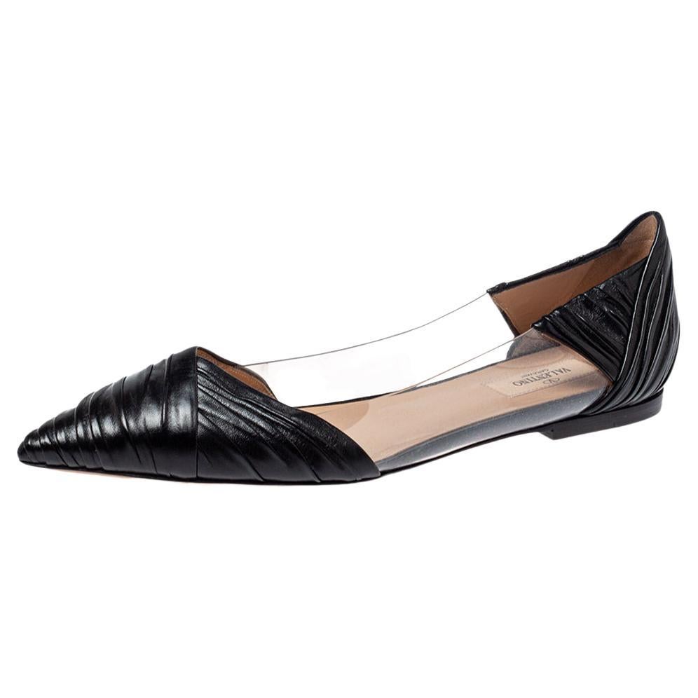 Valentino Black Leather and PVC B Drape Pointed Toe Ballet Flats Size 40.5