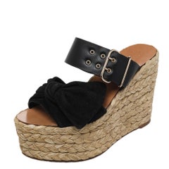 Valentino Black Leather And Suede Bow Espadrille Wedge Sandals Size 36.5