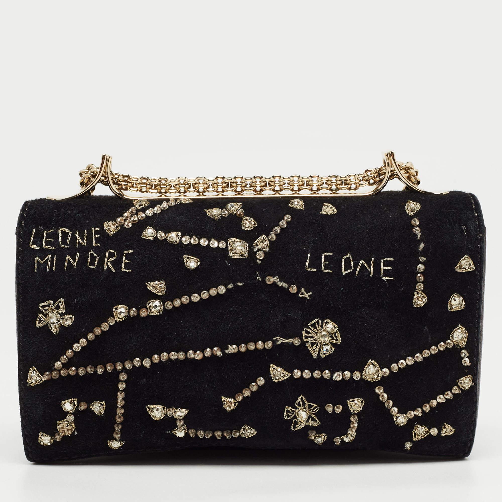 Valentino Black Leather and Suede Embroidery Va Va Voom Chain Shoulder Bag 3