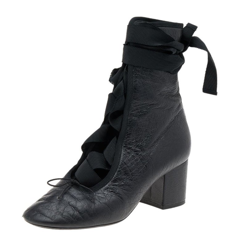Valentino Black Leather Ballerina Lace Up Block Heel Boots Size 37 at  1stDibs