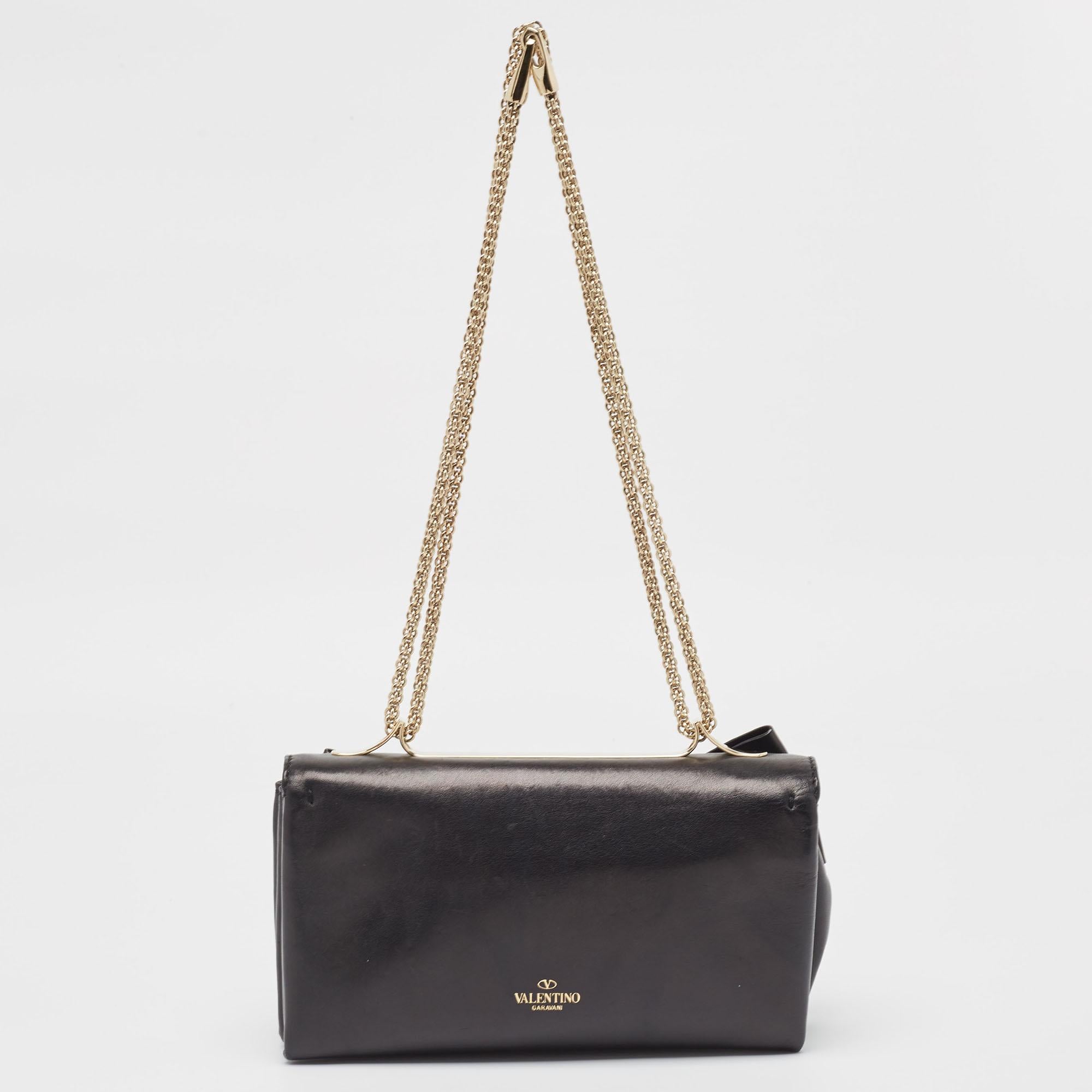 Women's Valentino Black Leather Bow Flap Chain Clucth