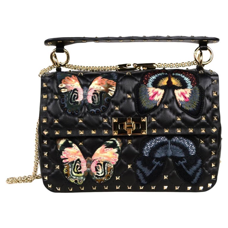 Valentino Black Leather Butterfly Embroidered Medium Rockstud Spike Bag rt $4045 Sale at 1stDibs