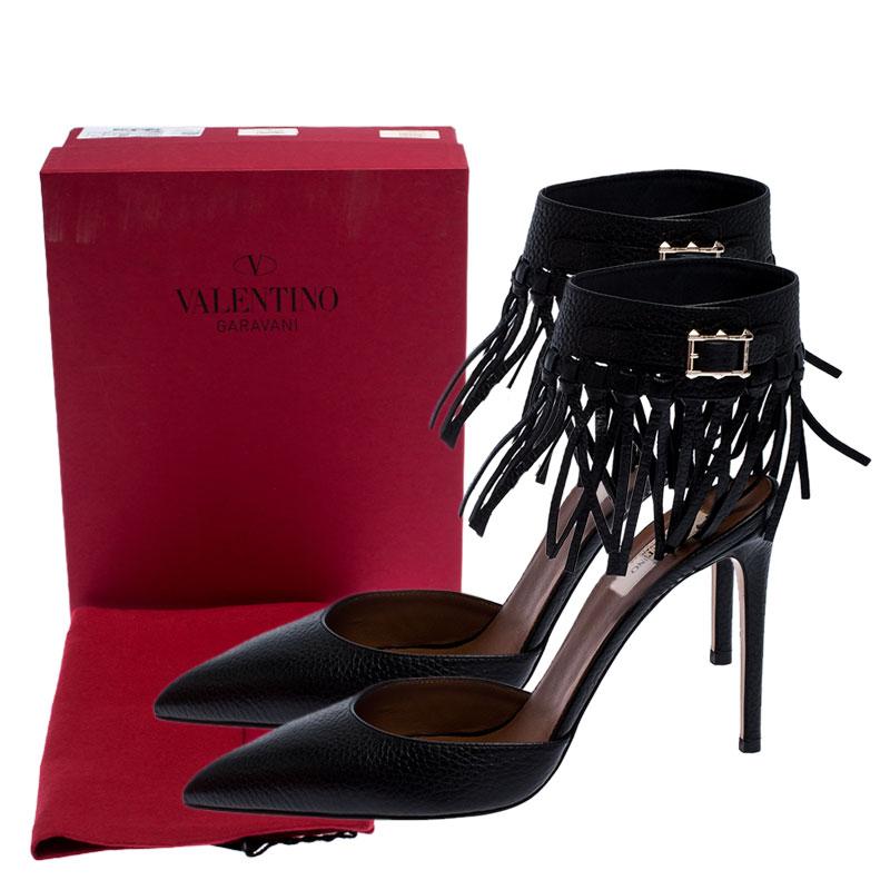 Valentino Black Leather C-Rockee Fringe Ankle Strap Sandals Size 40 4