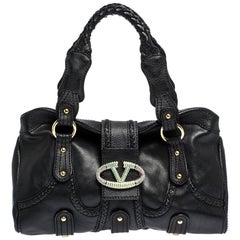 Valentino Black Leather Crystal Embellished Catch Satchel