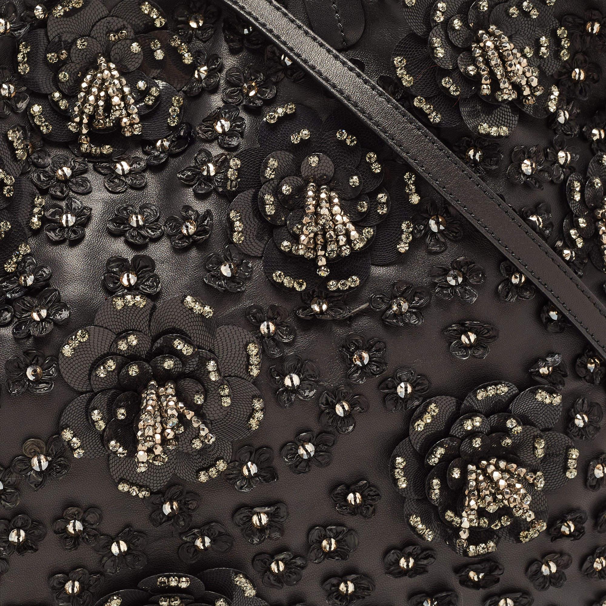 Valentino Black Leather Crystal Embellished Floral Applique Tote 10