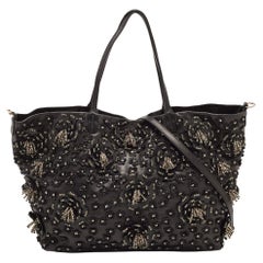 Valentino Black Leather Crystal Embellished Floral Applique Tote