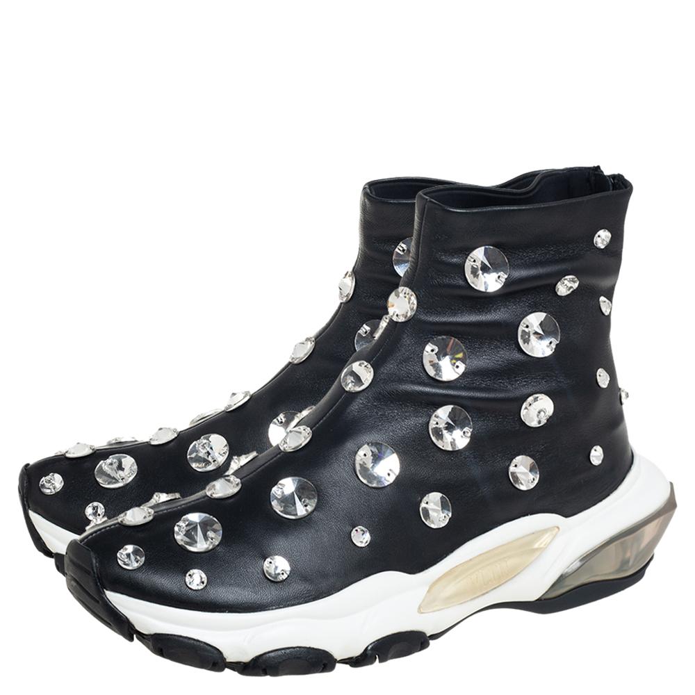 Valentino Black Leather Crystal Embellished High Top Sneakers Size 38 In Excellent Condition In Dubai, Al Qouz 2