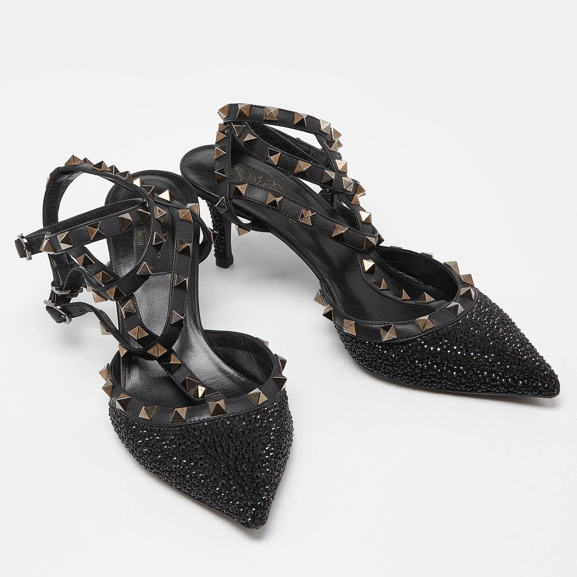 Valentino Black Leather Crystal Embellished Rockstud Ankle Strap Sandals Size 38 For Sale 1