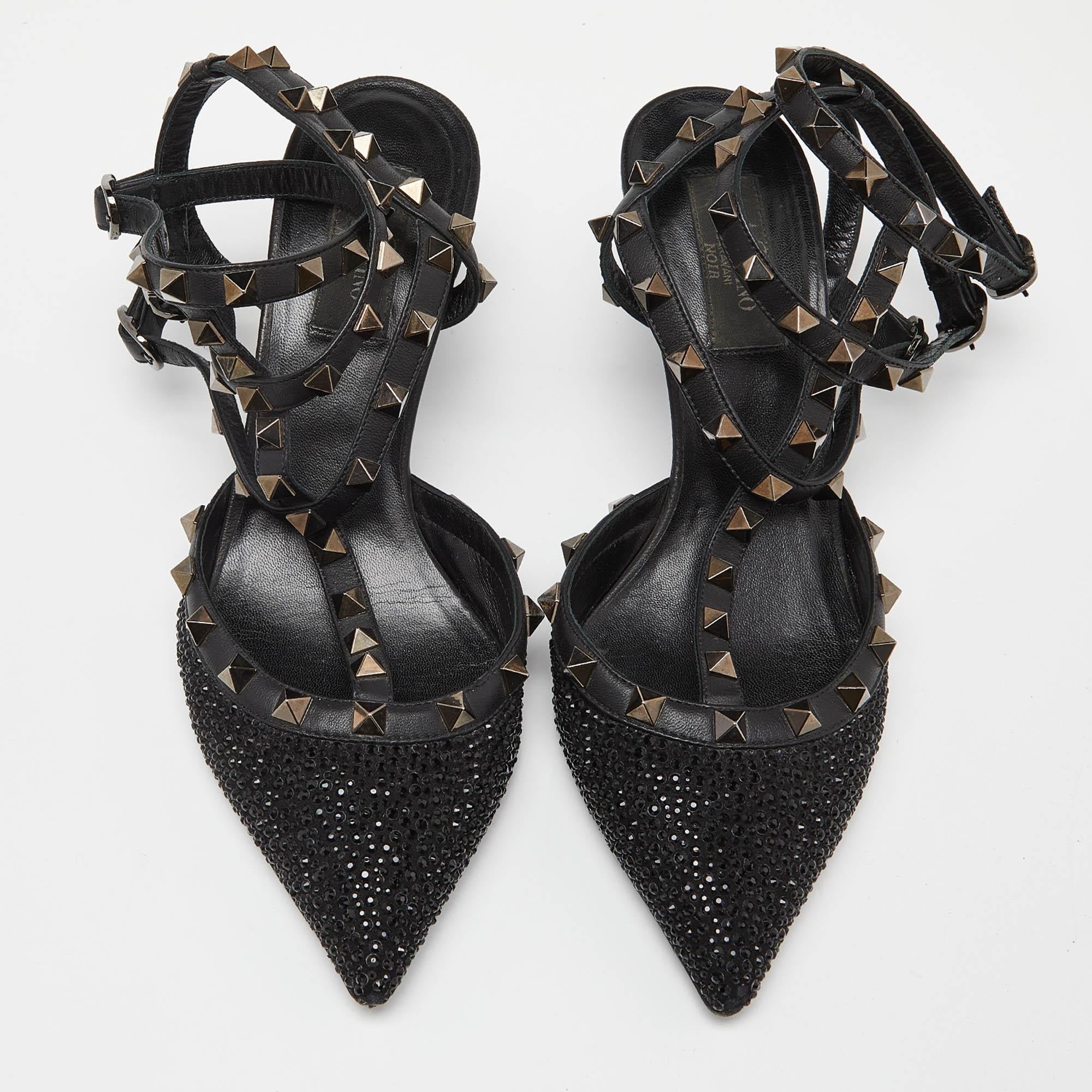 Valentino Black Leather Crystal Embellished Rockstud Ankle Strap Sandals Size 38 For Sale 2