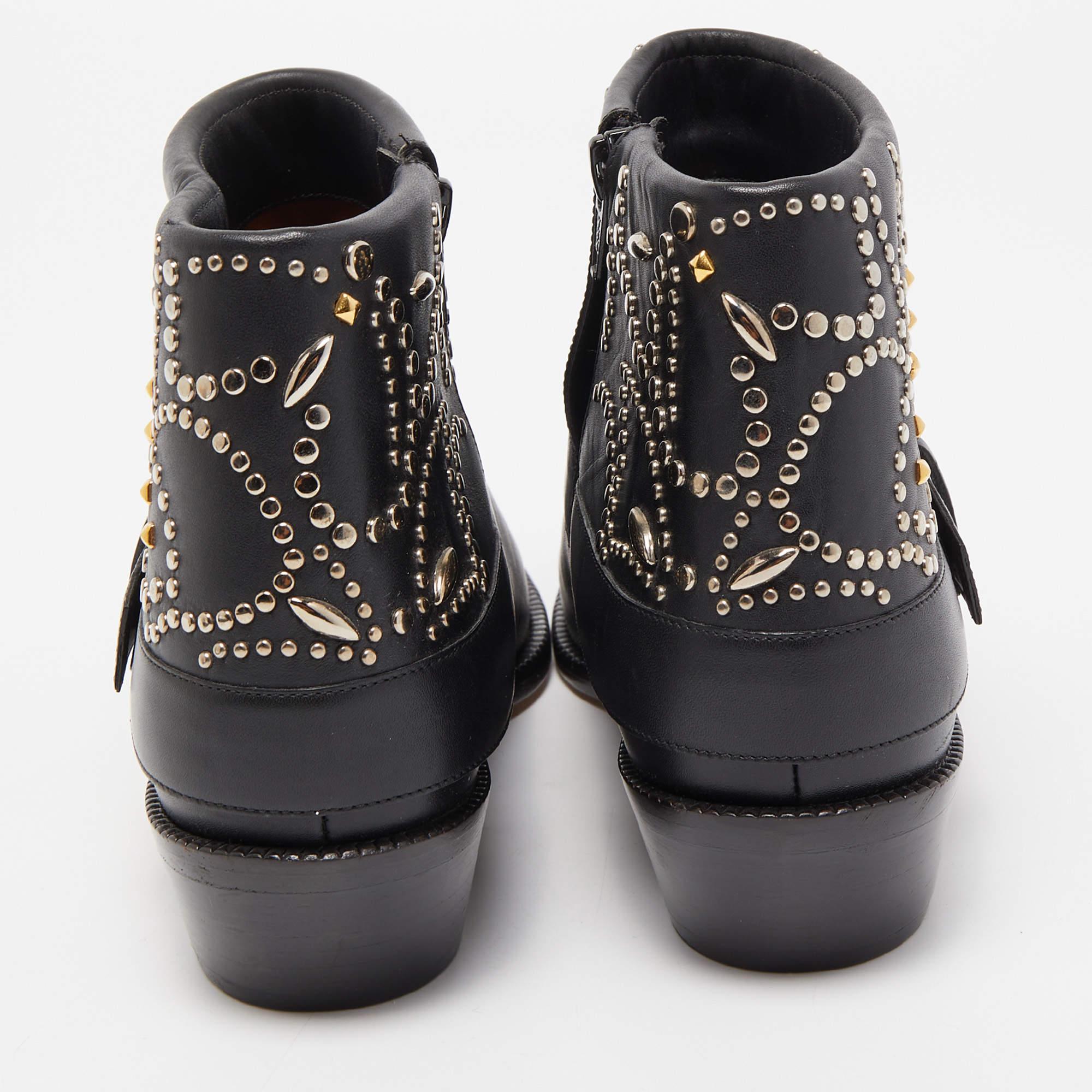 Valentino Black Leather Embellished Cowboy Ankle Boots Size 37.5 2