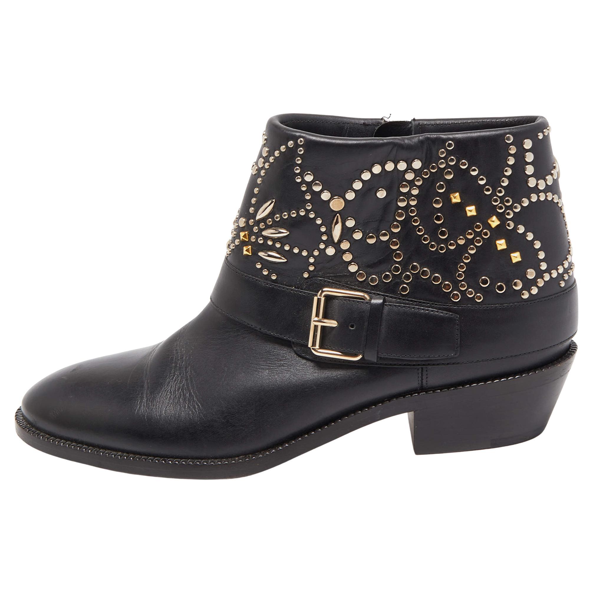 Valentino Black Leather Embellished Cowboy Ankle Boots Size 37.5