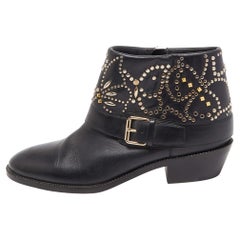Valentino Black Leather Embellished Cowboy Ankle Boots Size 37.5